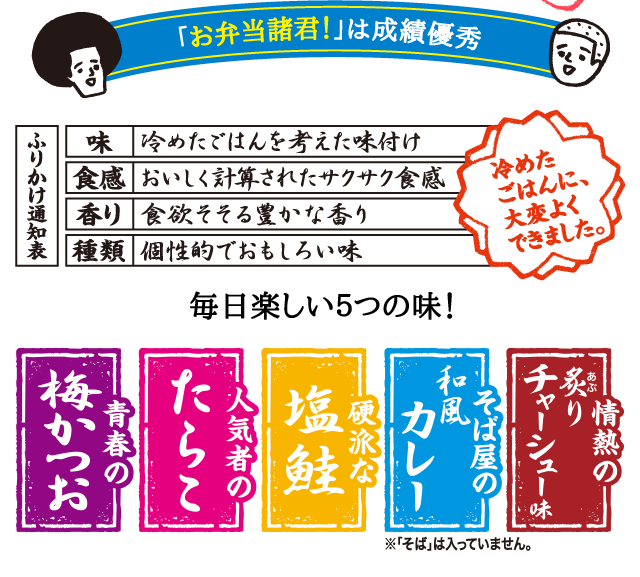 冷めたごはんにも合う、サクサク食感と濃い目の味付け。中高生に好評な〈梅かつお〉〈たらこ〉〈塩鮭〉〈和風カレー〉〈炙りチャーシュー味〉 の5種類を詰め合わせました。小袋の表面は素材を活かした部活動のワンシーン、裏面は「青春のひと言」コメント入りで昼休みのお弁当時間が楽しくなる！